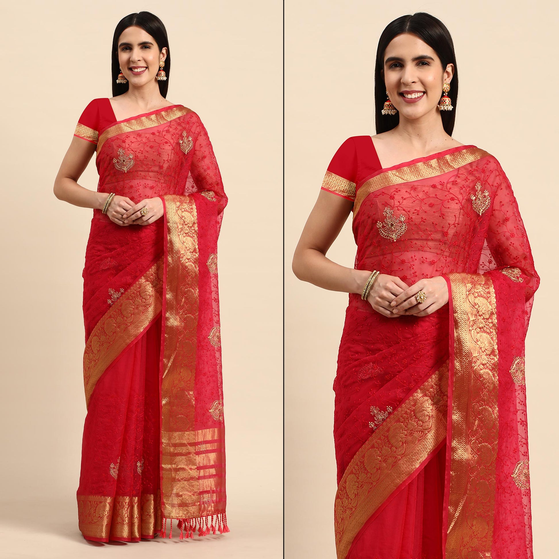 Maroon Floral Embroidered Organza Saree