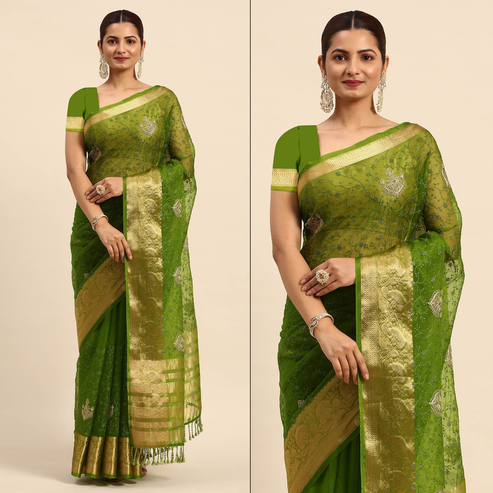 Mehendi Green Floral Embroidered Organza Saree