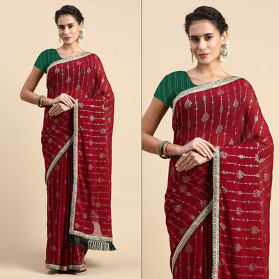Maroon Foil Printed With Fancy Border Zomato Silk Saree