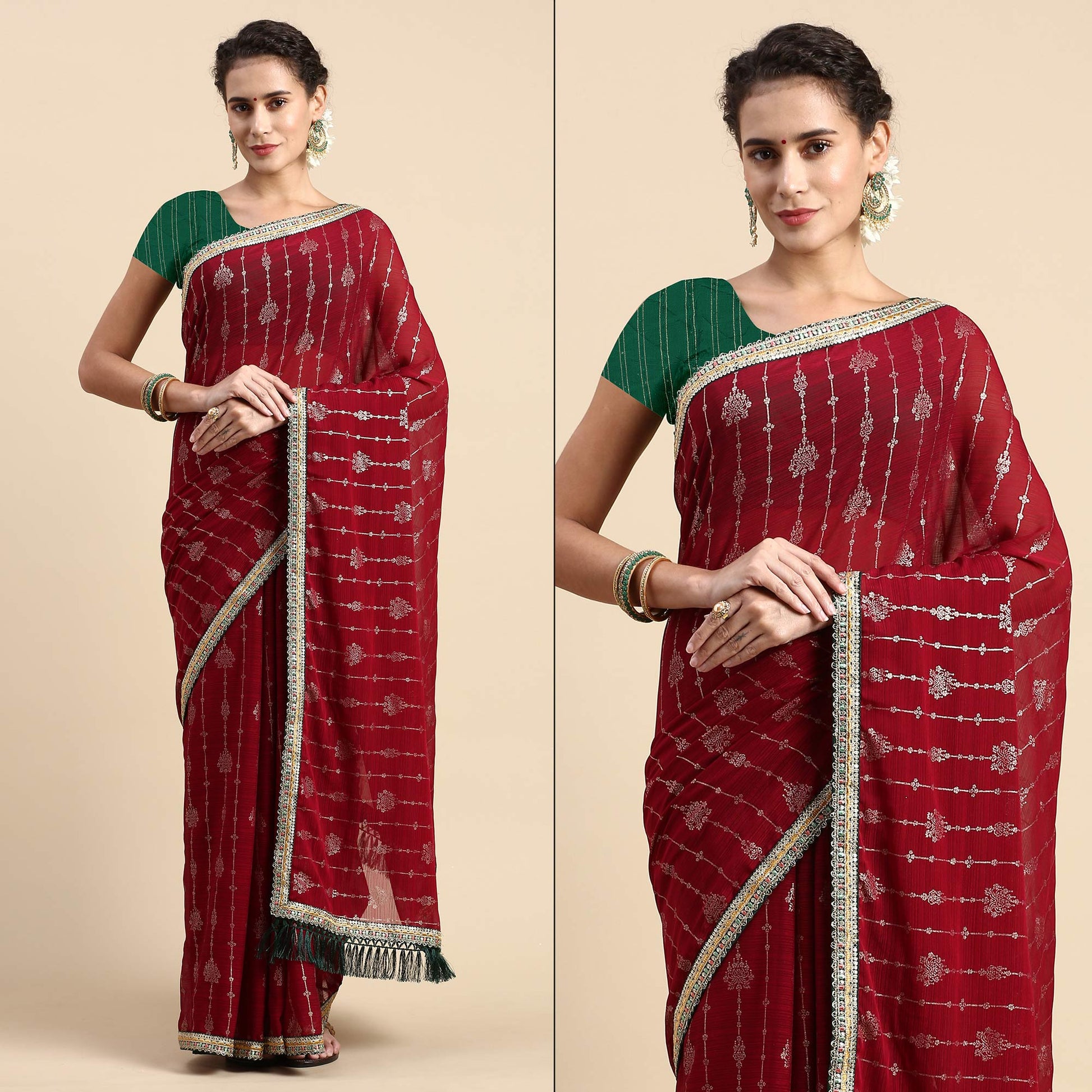 Maroon Foil Printed With Fancy Border Zomato Silk Saree