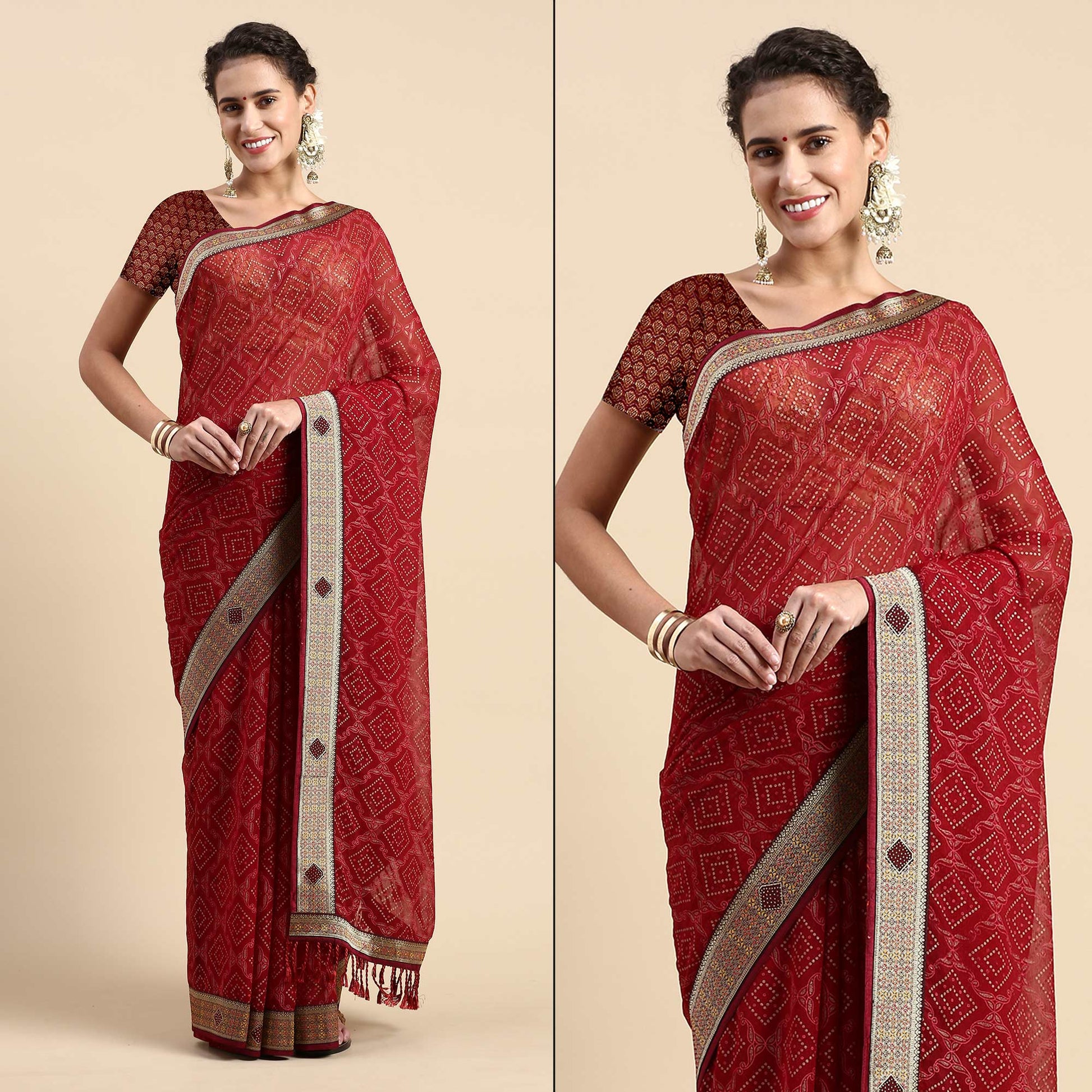 Maroon Foil Printed With Fancy Border Chiffon Saree