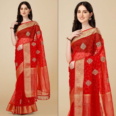 Maroon Floral Embroidered Organza Saree