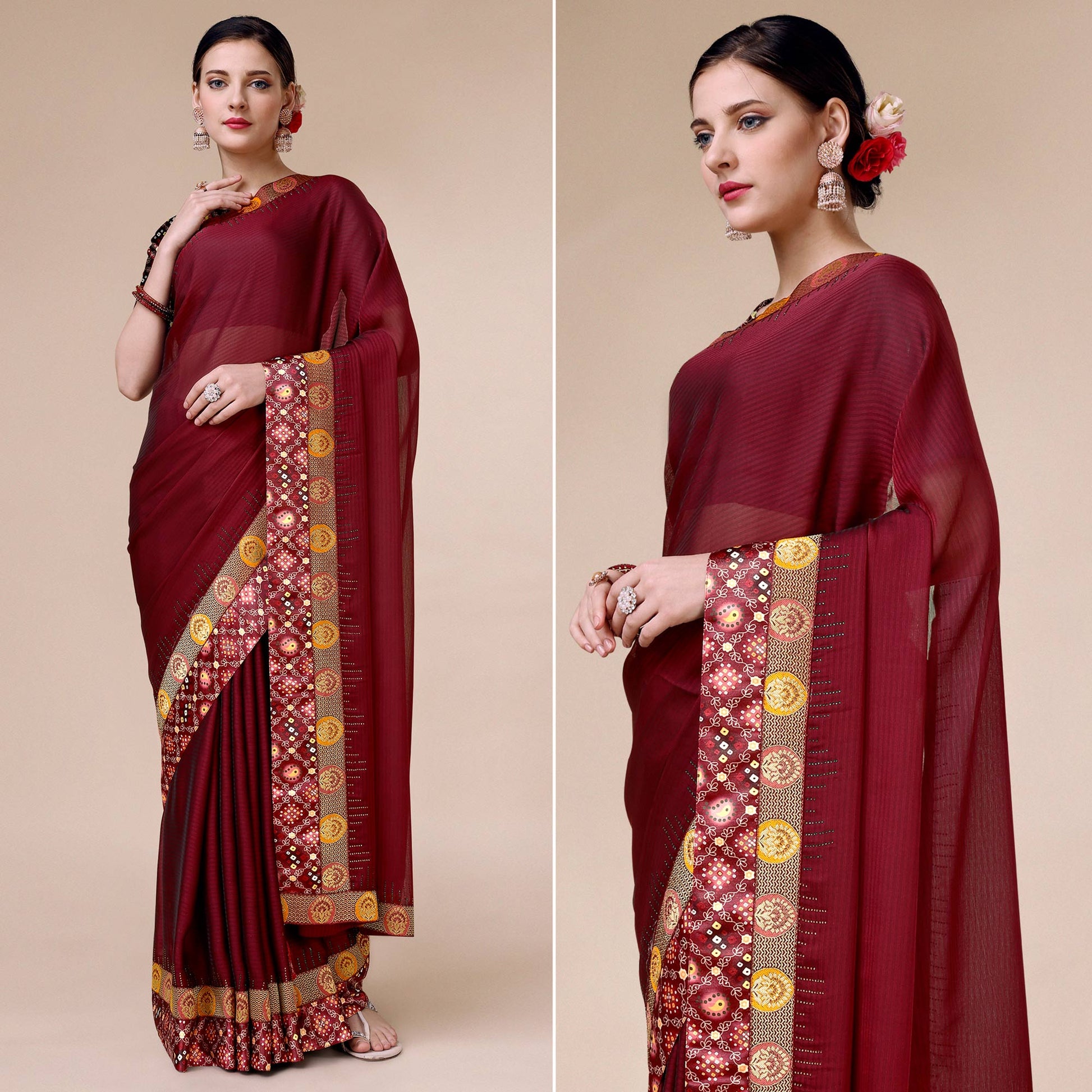 Maroon Swarovski With Bandhani Printed Border Art Silk Saree