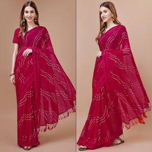 Magenta Bandhani Printed Chiffon Saree With Tassels