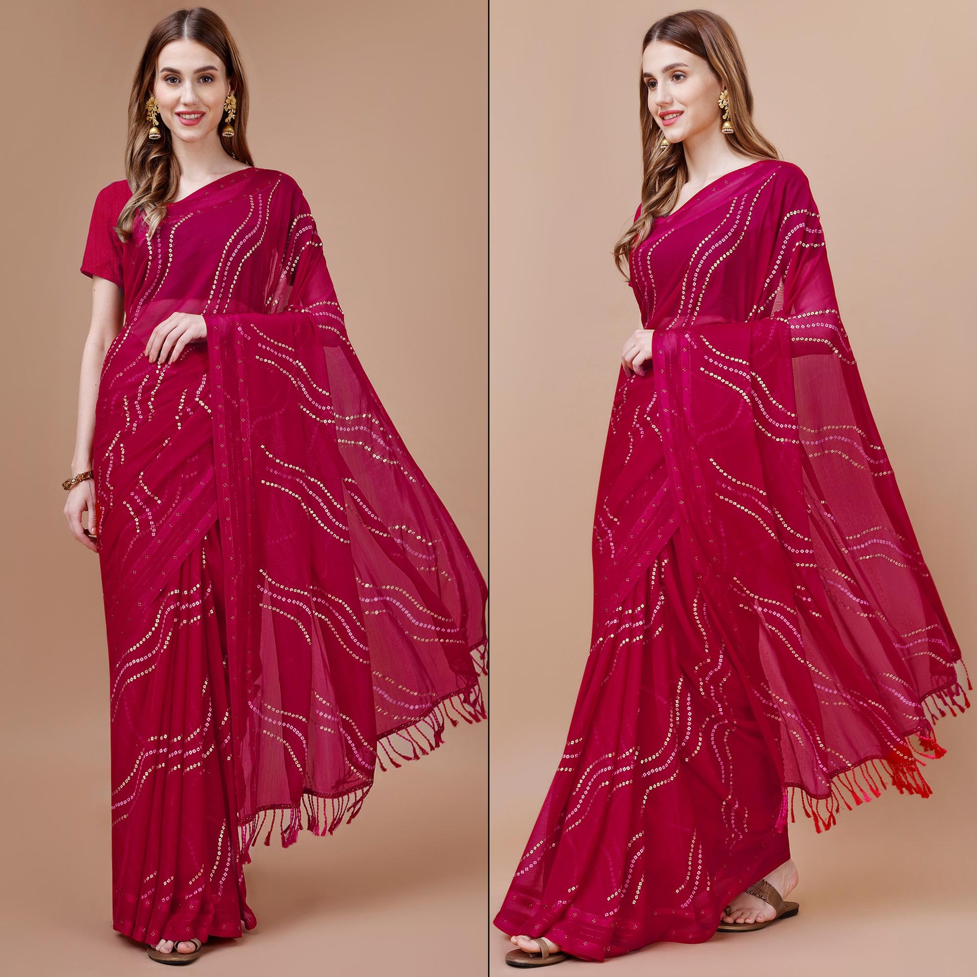 Magenta Bandhani Printed Chiffon Saree With Tassels