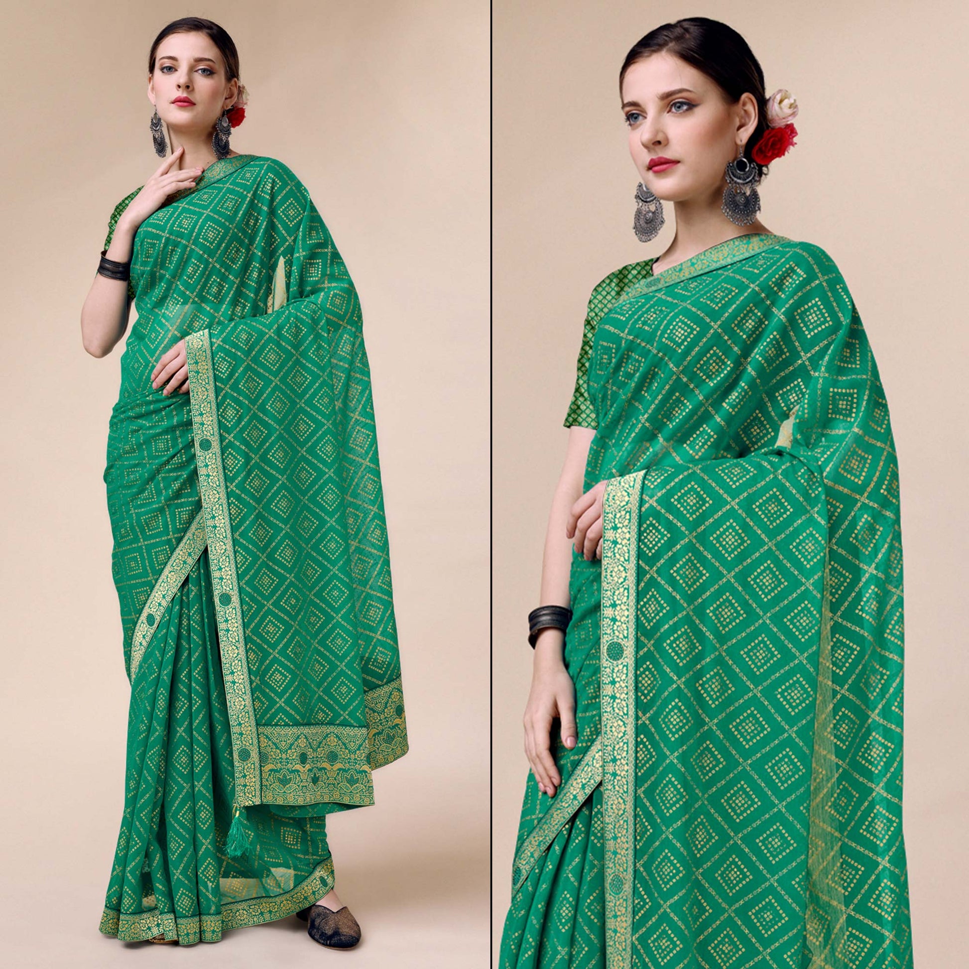 green-bandhani-foil-printed-chiffon-saree-with-tassels