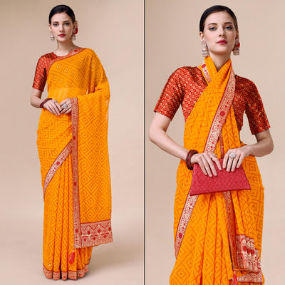 Bright Orange Bandhani Foil Printed Chiffon Saree With Tassels