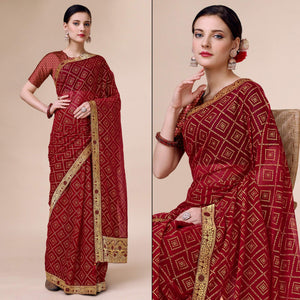 Maroon Bandhani Foil Printed Chiffon Saree With Tassels
