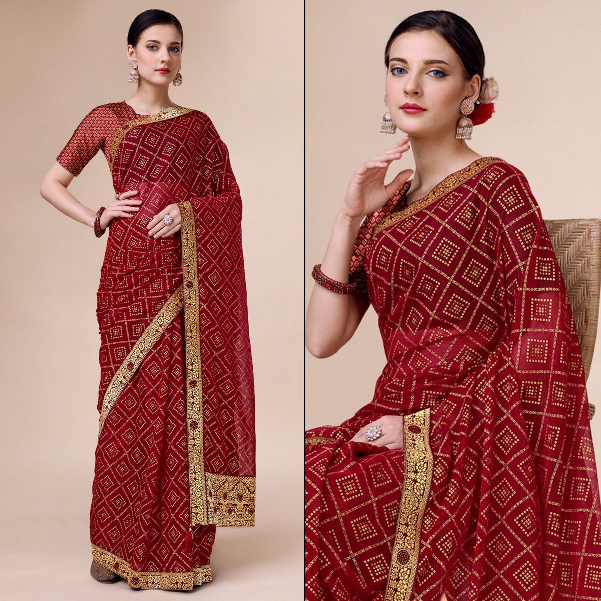 Maroon Bandhani Foil Printed Chiffon Saree With Tassels
