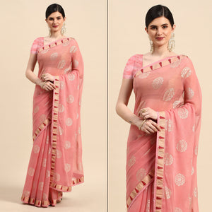 Light Pink Foil Printed With Swarovski Chiffon Saree