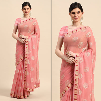 Light Pink Foil Printed With Swarovski Chiffon Saree