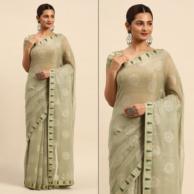 Light Green Foil Printed With Swarovski Chiffon Saree