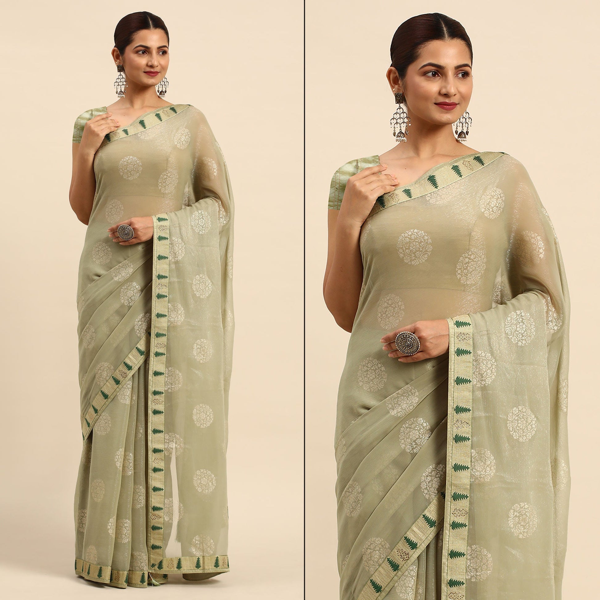 Light Green Foil Printed With Swarovski Chiffon Saree