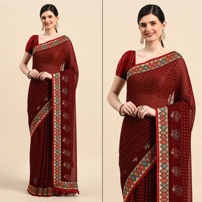 Maroon Foil Printed With Swarovski Zomato Silk Saree