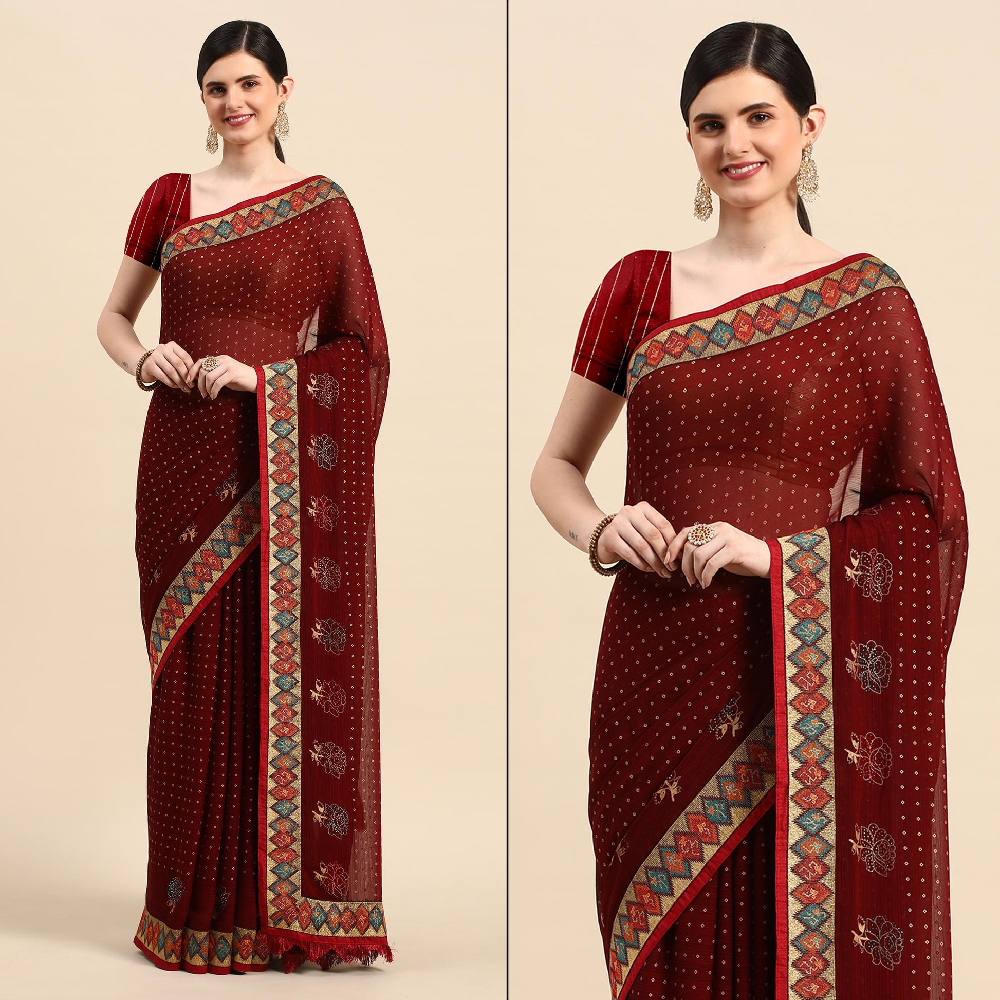 Maroon Foil Printed With Swarovski Zomato Silk Saree