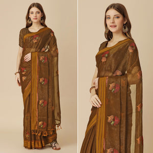 Brown Floral Embroidered Chiffon Saree With With Tassels