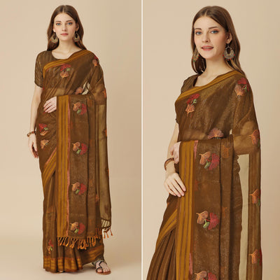 Brown Floral Embroidered Chiffon Saree With With Tassels