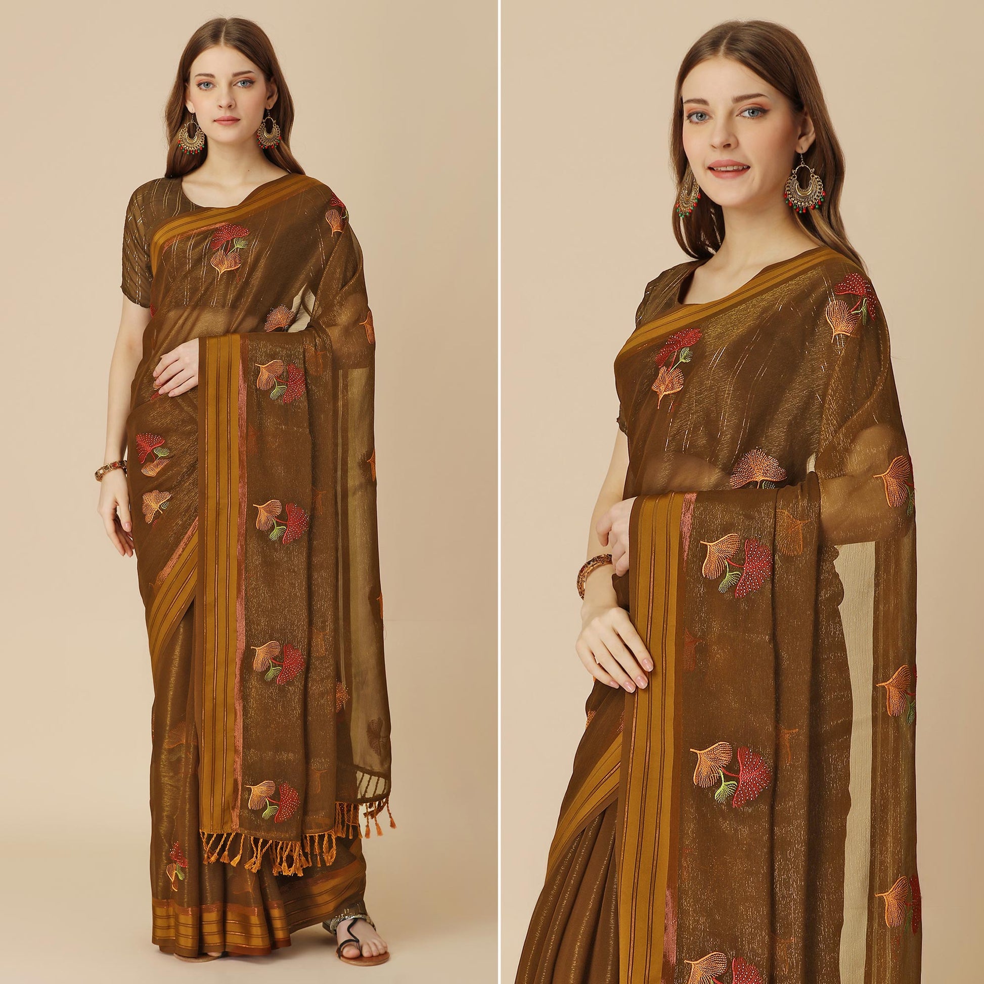 Brown Floral Embroidered Chiffon Saree With With Tassels