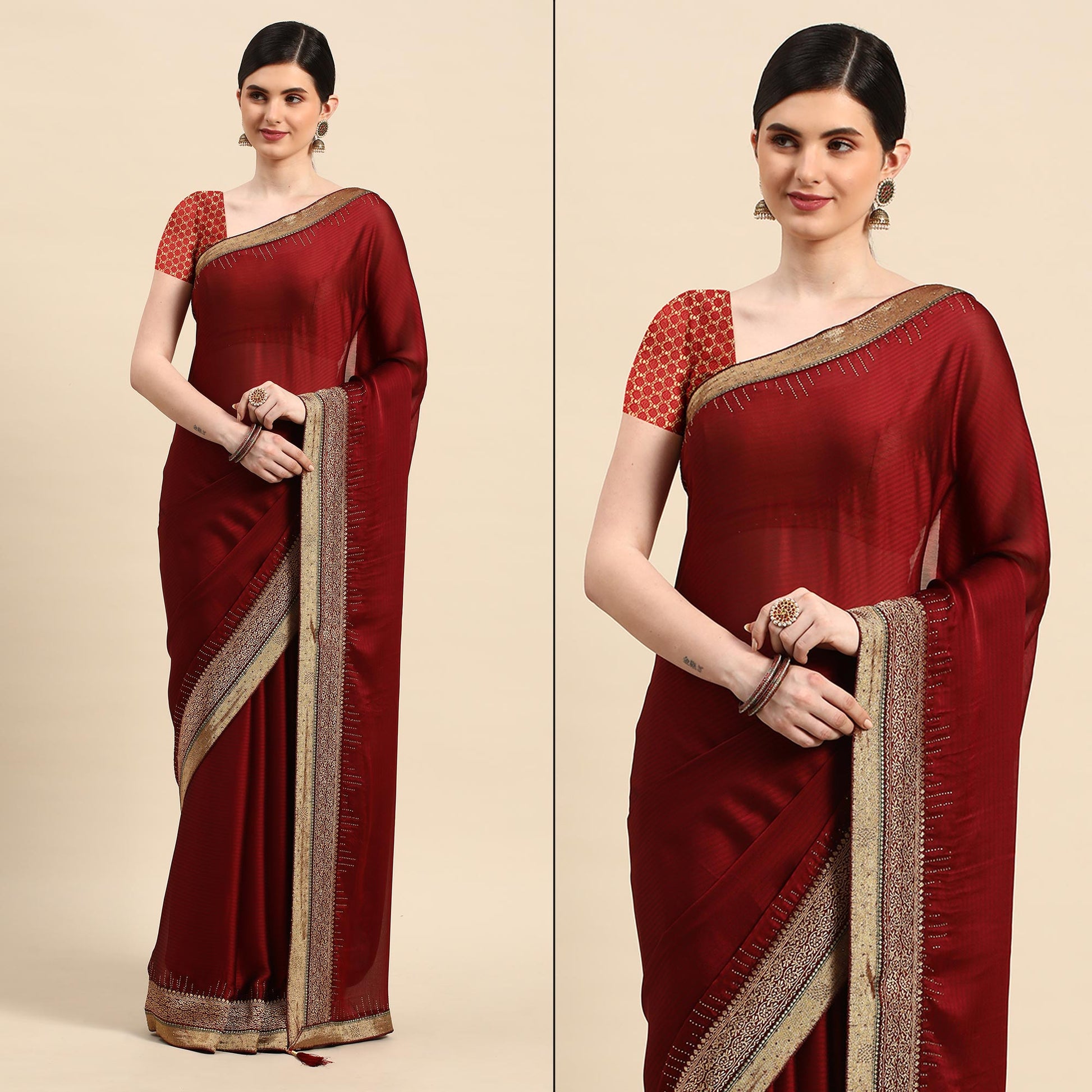 Maroon Swarovski With Fancy Border Satin Silk Saree