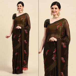 Mehendi Green Swarovski With Embroidery Work Chiffon Saree