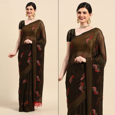 Mehendi Green Swarovski With Embroidery Work Chiffon Saree