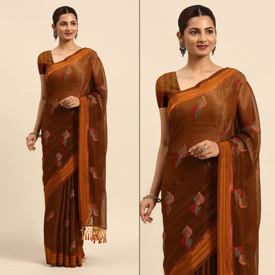 Brown Swarovski With Embroidery Work Chiffon Saree