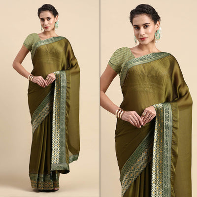 Mehndi Green Swaroski Work With Woven Border Satin Saree