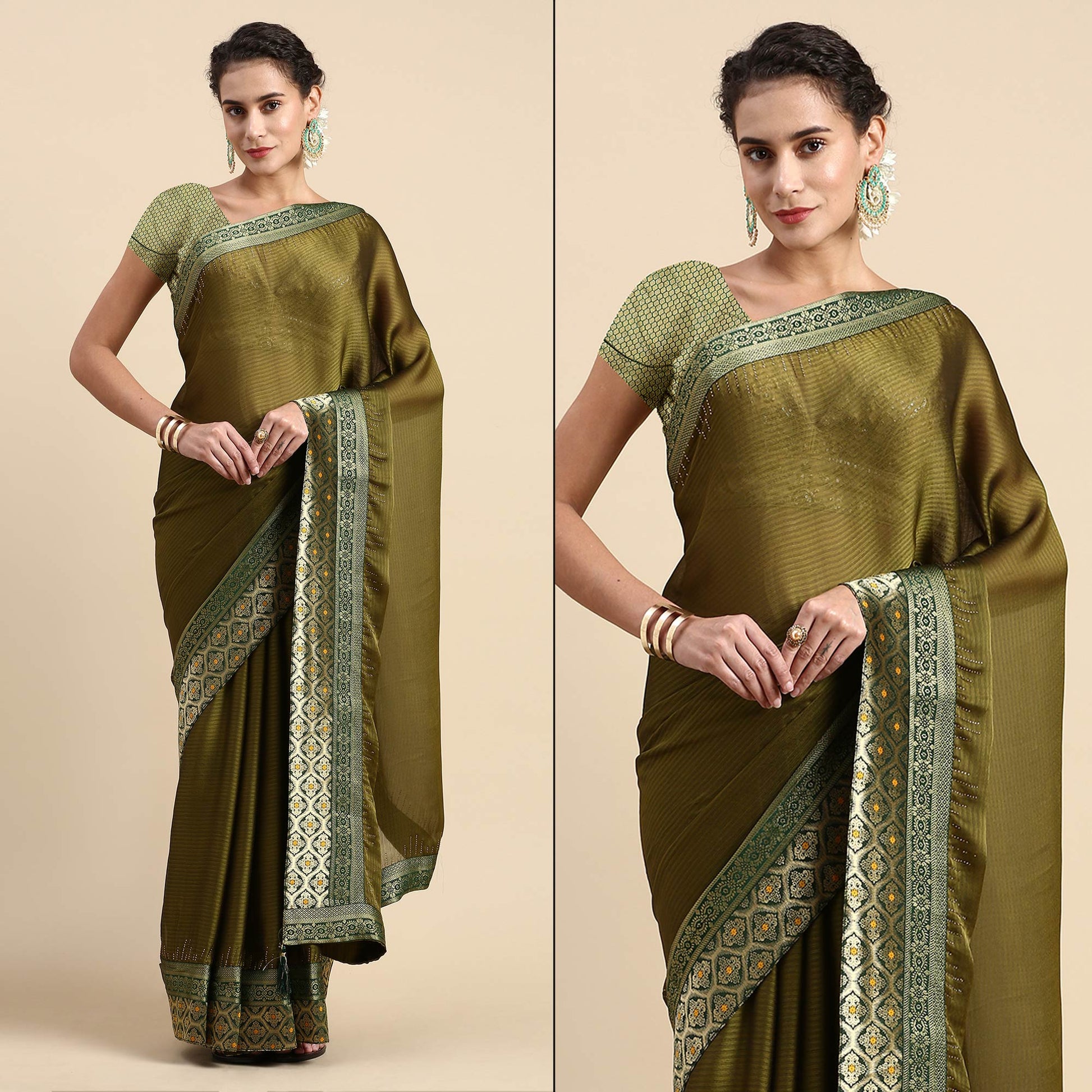 Mehndi Green Swaroski Work With Woven Border Satin Saree