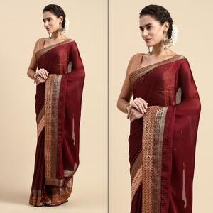 Maroon Swaroski Work With Woven Border Satin Saree