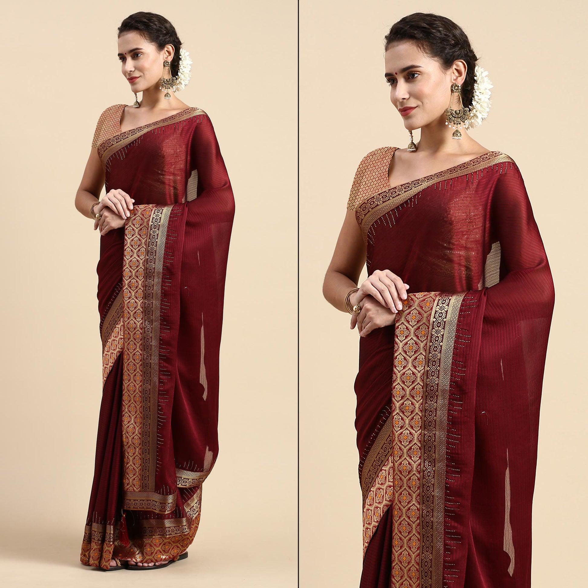 Maroon Swaroski Work With Woven Border Satin Saree