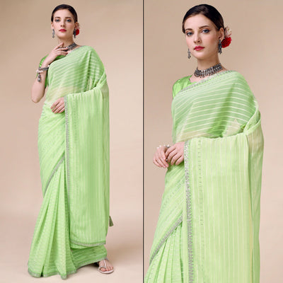 Light Green Zari Striped With Swarovski Work Chiffon Saree