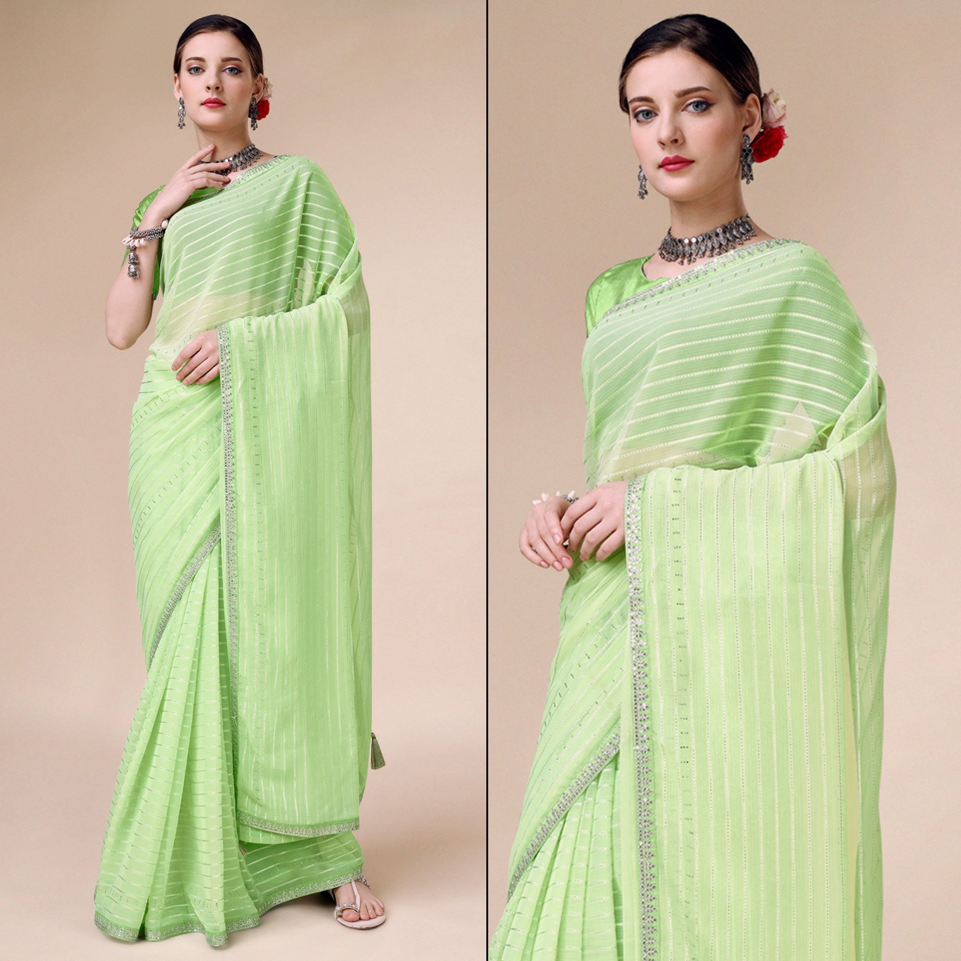 Light Green Zari Striped With Swarovski Work Chiffon Saree