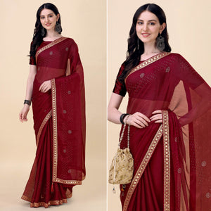 Maroon Swarovski With Sequins Embroidered Chiffon Saree