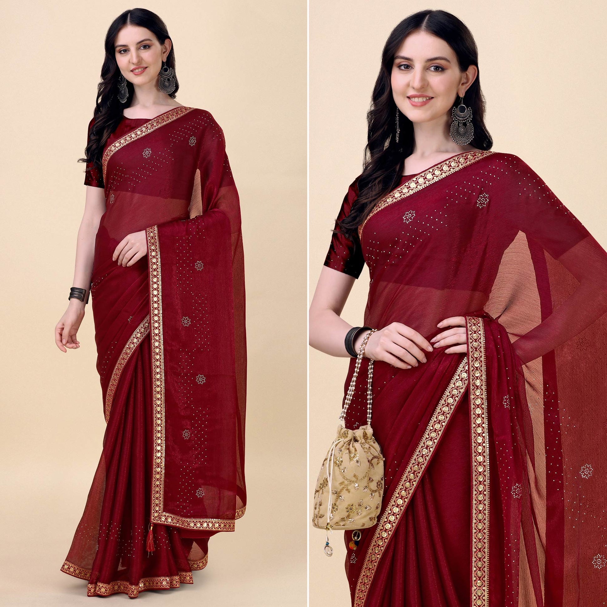 Maroon Swarovski With Sequins Embroidered Chiffon Saree