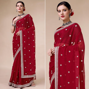 Maroon Sequins Embroidered Chiffon Saree