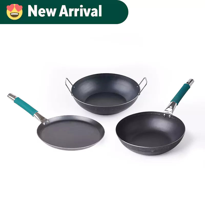 100% Pure Iron Cookware Set: Tawa 26 cm + Fry Pan 25 cm + Kadai 25 cm, Toxin-free Sheet Iron, Pre-seasoned, Kitchen Set for Home