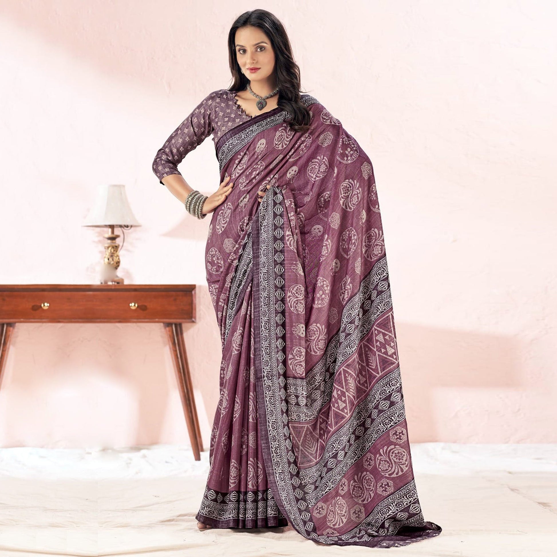 Mauve Printed Tussar Silk Saree