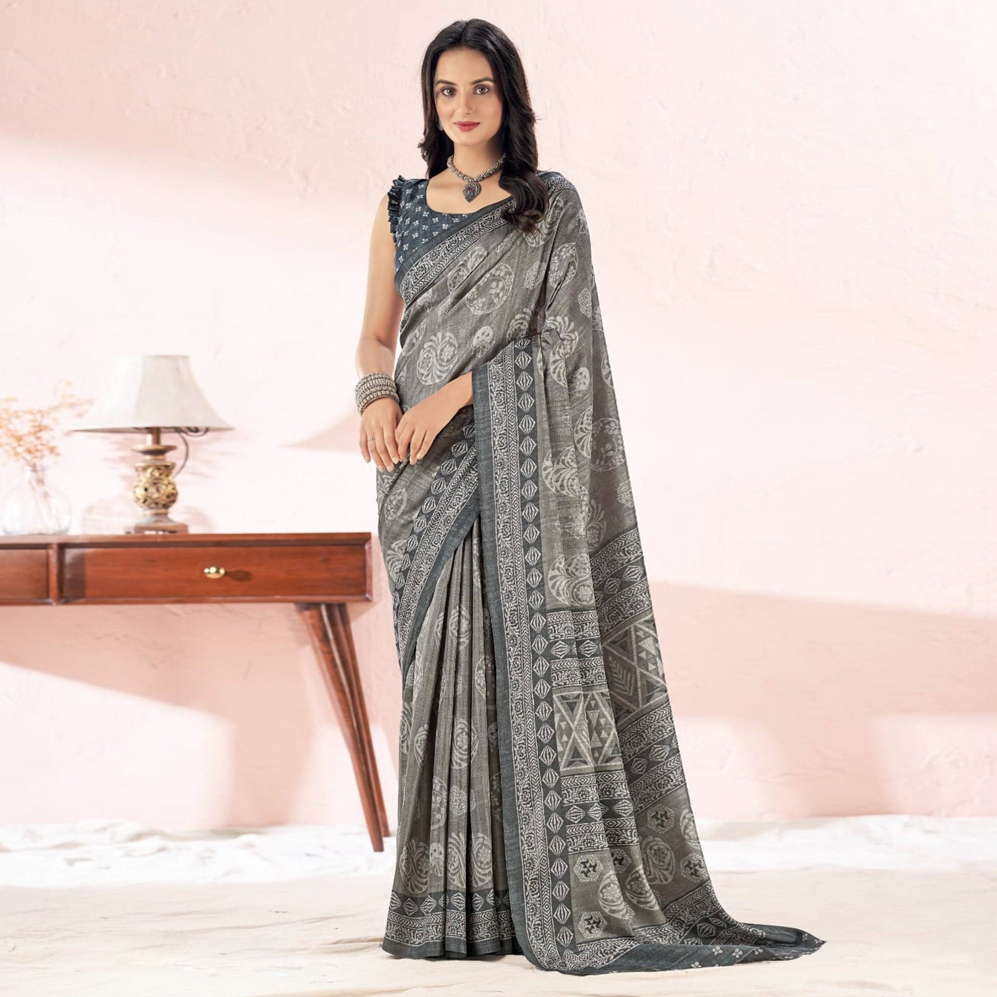 Grey Printed Tussar Silk Saree