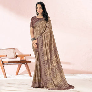 Brown Printed Tussar Silk Saree