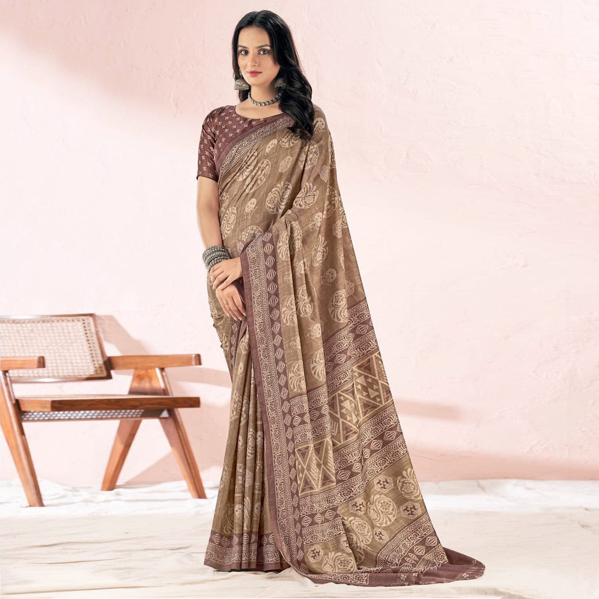 Brown Printed Tussar Silk Saree