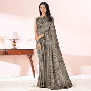 Dark Grey Printed Tussar Silk Saree