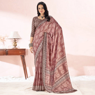Copper Rust Printed Tussar Silk Saree