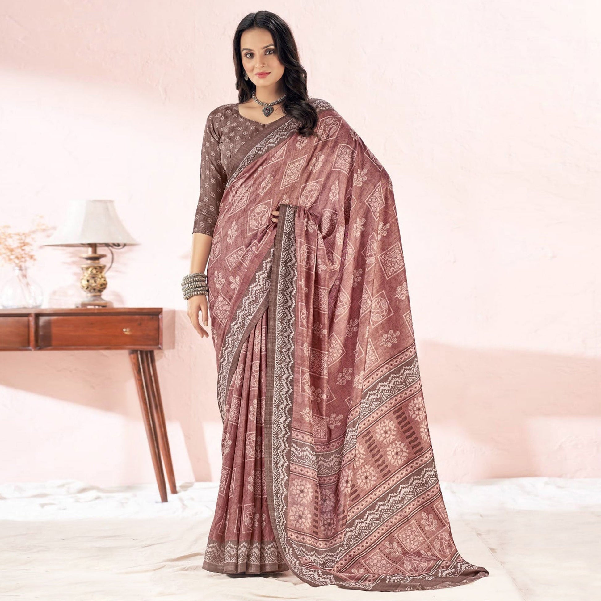 Copper Rust Printed Tussar Silk Saree