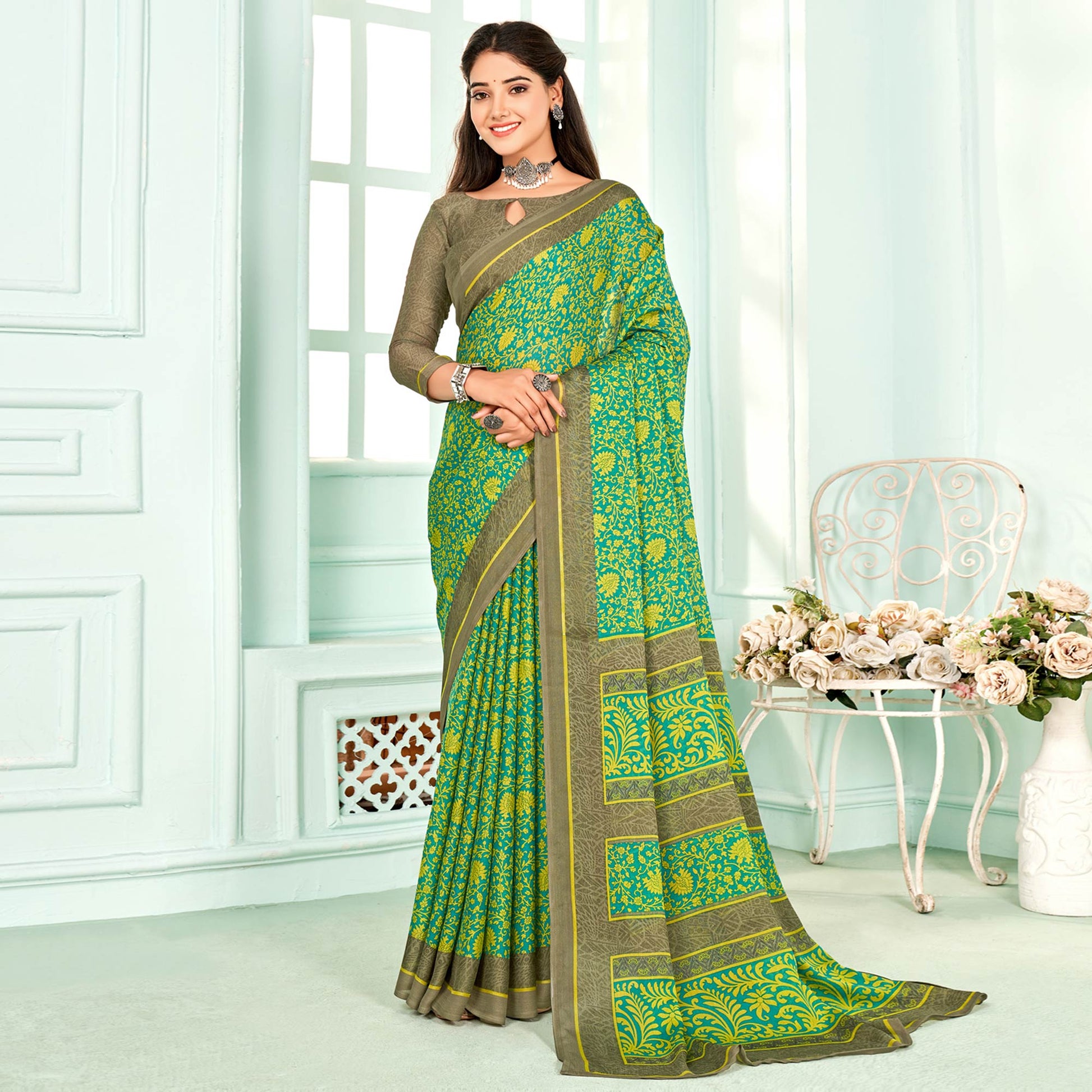 green-floral-printed-chiffon-saree-4