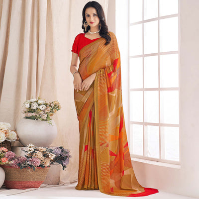 Brown Printed Chiffon Saree