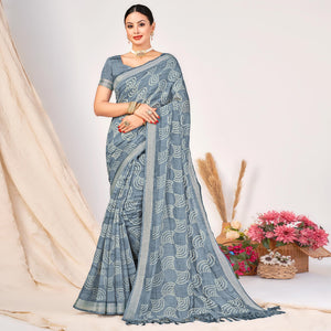 Grey Printed Cotton Silk Saree With Woven Border