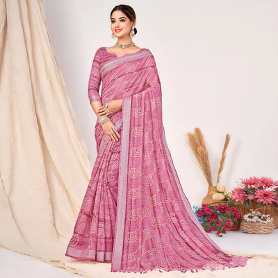 Mauve Printed Cotton Silk Saree With Woven Border