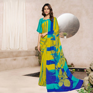 Lemon Yellow Printed Georgette Saree