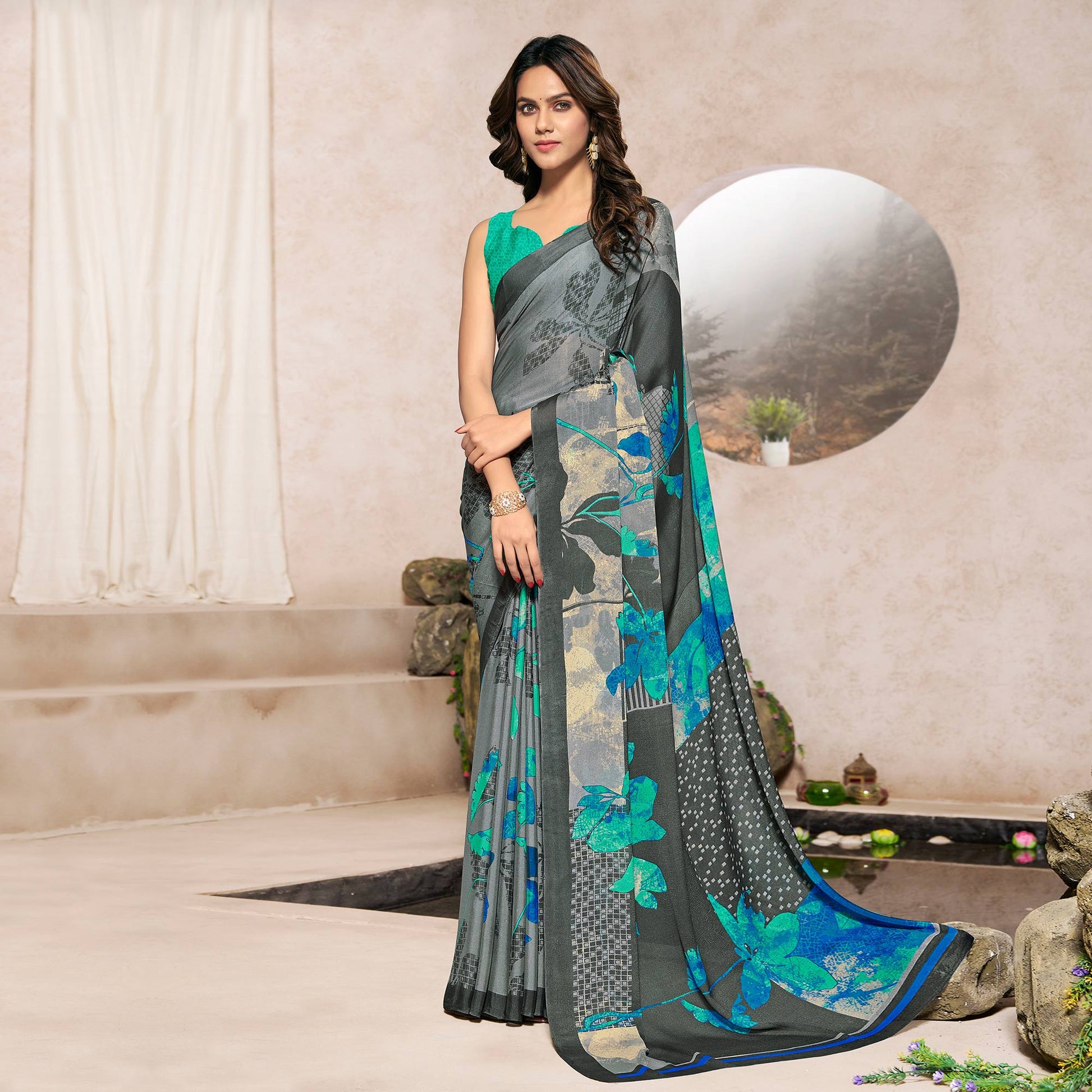 grey-turquoise-printed-georgette-saree