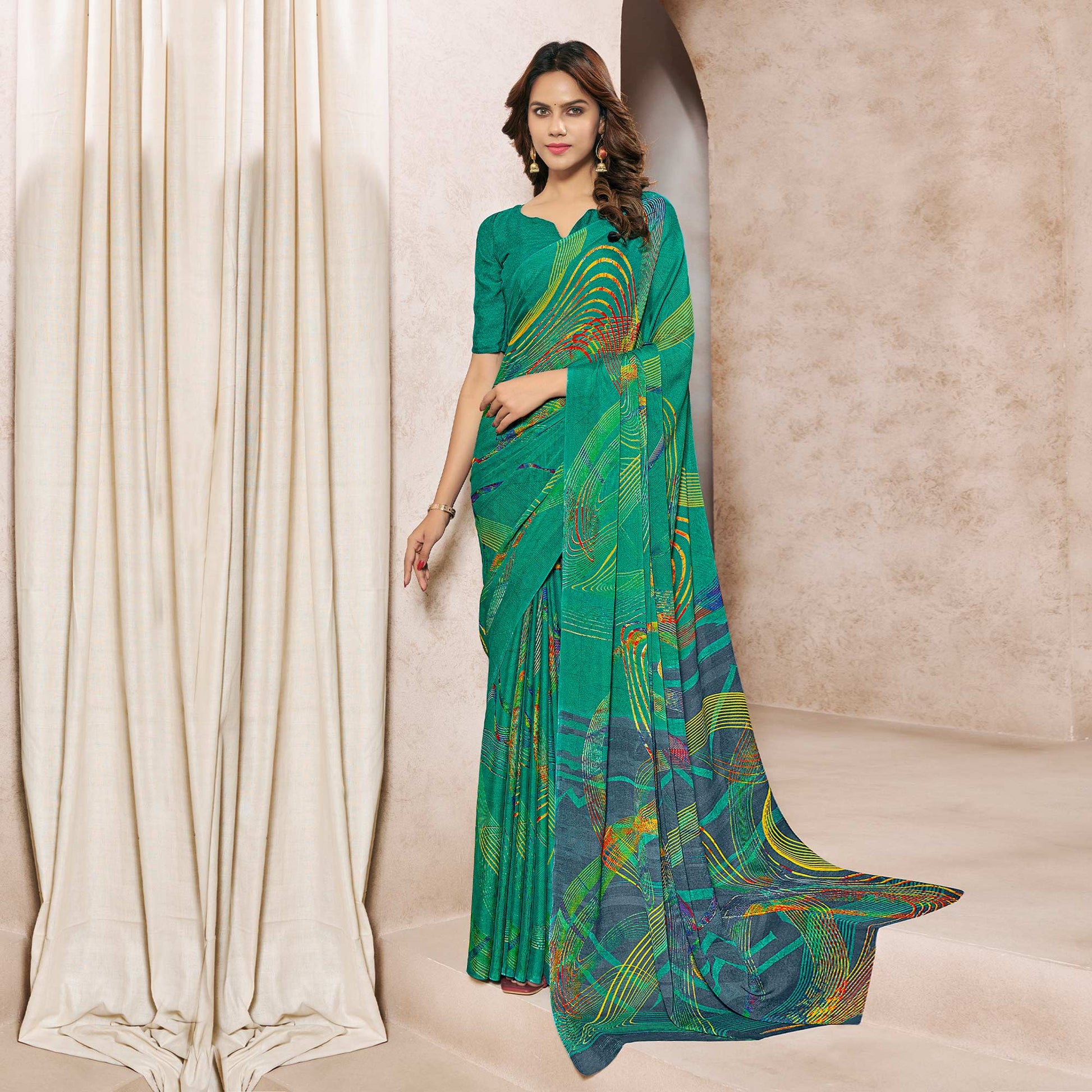 green-printed-georgette-saree-3